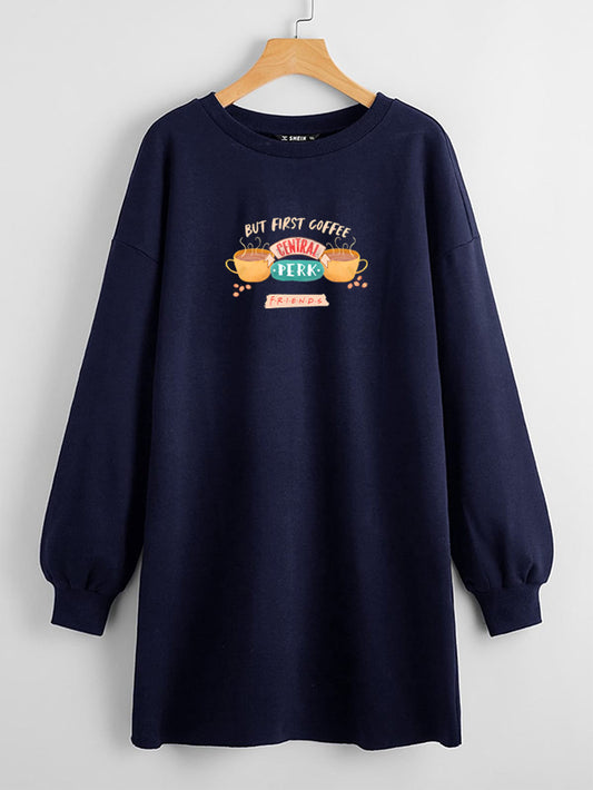 LONG LENGTH SWEATSHIRT NAVY BLUE BUT FIRST COFFEE