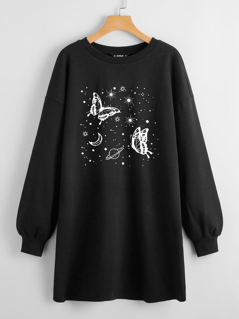 LONG LENGTH SWEATSHIRT BLACK BUTTERFLY GALAXY