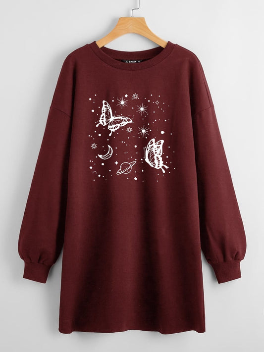 LONG LENGTH SWEATSHIRT MAROON BUTTERFLY GALAXY